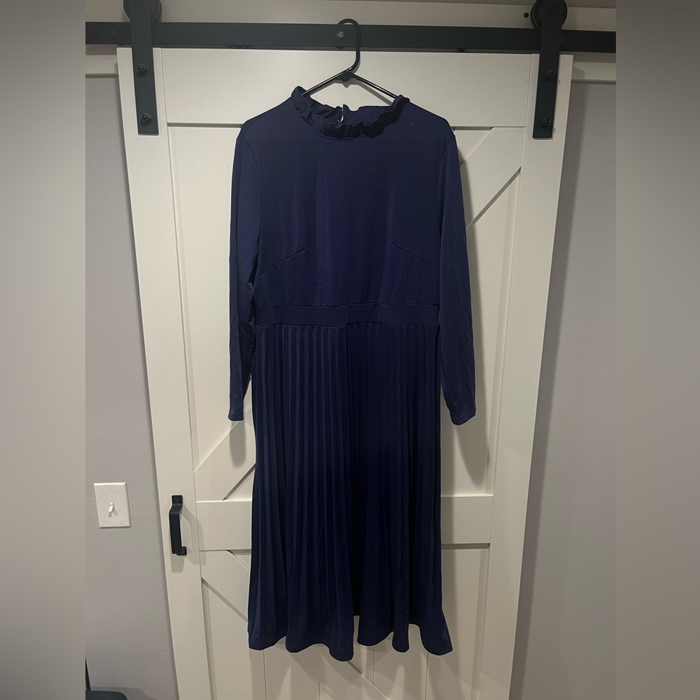 Formal Navy Blue Pleated Skirt Dress Frill Neck